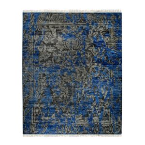 Blue Hand-Knotted Wool & Bamboo Silk Modern Floral Area Rug 8' x 10'