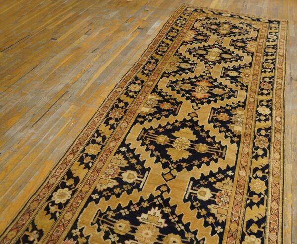 Charming tan-camel background color and black border with rhombus pattern antique caucasian karabagh rug - detail view 2