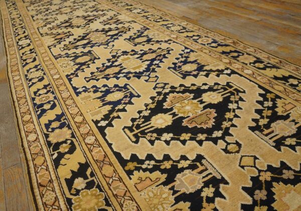 Charming tan-camel background color and black border with rhombus pattern antique caucasian karabagh rug - detail view 3