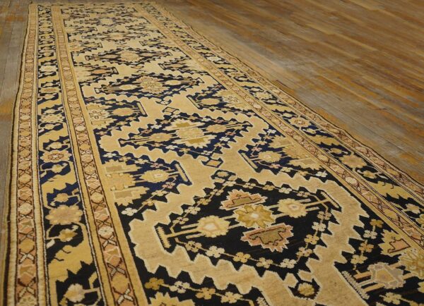Charming tan-camel background color and black border with rhombus pattern antique caucasian karabagh rug - detail view 4