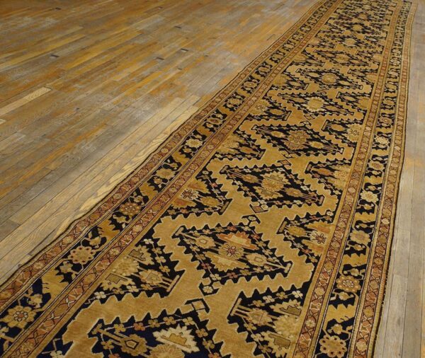 Charming tan-camel background color and black border with rhombus pattern antique caucasian karabagh rug - detail view 5