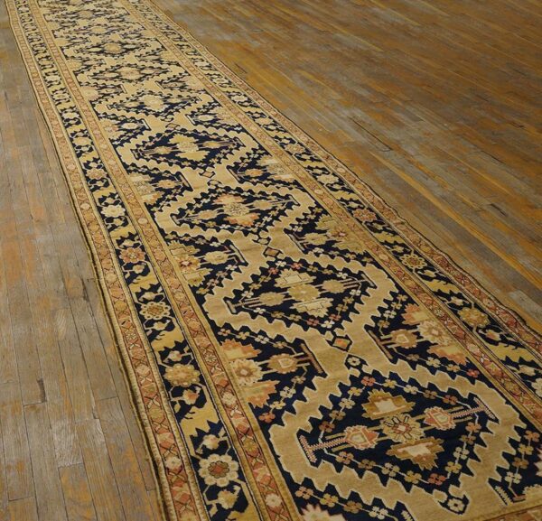 Charming tan-camel background color and black border with rhombus pattern antique caucasian karabagh rug - detail view 6