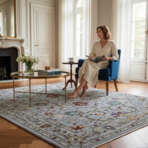 Dahlia Oriental Gray Hand Knotted Wool Rug shown in a styled room, highlighting the gray traditional floral oriental design in an interior setting