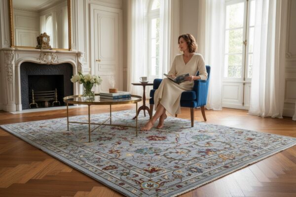 Dahlia oriental gray hand knotted wool rug 7 Dahlia oriental gray hand knotted wool rug shown in a styled room, highlighting the gray traditional floral oriental design in an interior setting