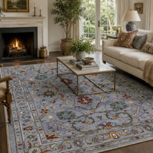 Dahlia Oriental Gray Hand Knotted Wool Rug styled in a room setting, showing the traditional gray floral oriental pattern in a living space