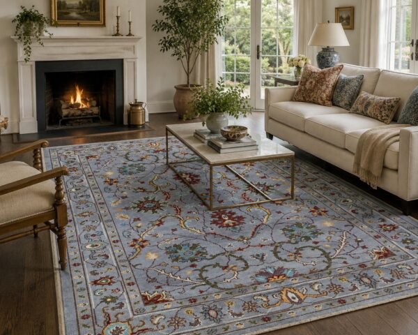 Dahlia oriental gray hand knotted wool rug 6 Dahlia oriental gray hand knotted wool rug styled in a room setting, showing the traditional gray floral oriental pattern in a living space