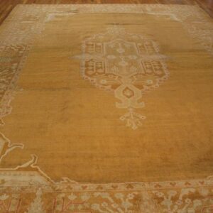 Elegant Medallion Design on Remarkable Rare and Breathtaking Gold Background Color Antique Indian Agra Rug - detail view 1