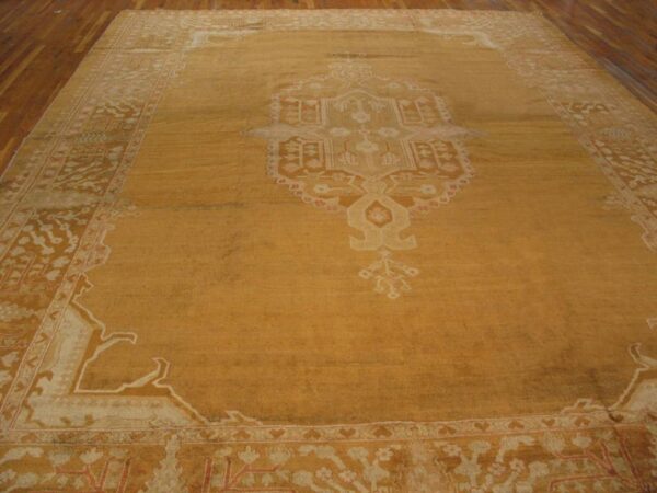Elegant medallion design on remarkable rare and breathtaking gold background color antique indian agra rug 2 Elegant medallion design on remarkable rare and breathtaking gold background color antique indian agra rug - detail view 1