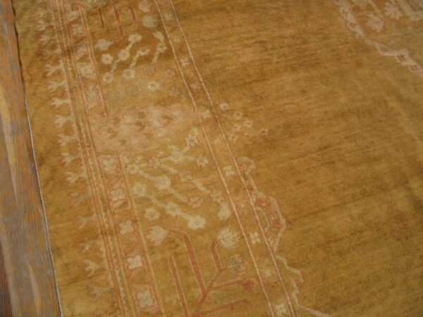 Elegant medallion design on remarkable rare and breathtaking gold background color antique indian agra rug 3 Elegant medallion design on remarkable rare and breathtaking gold background color antique indian agra rug - detail view 2
