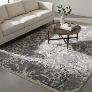 Emery gray modern floral hand-knotted wool and bamboo silk rug MR7926GY styled in a room setting