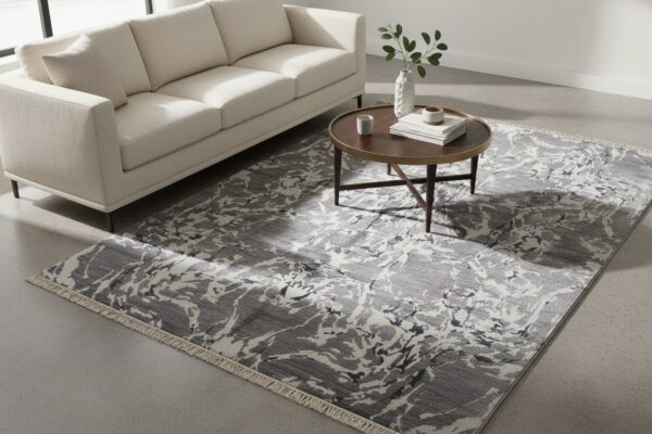 Emery gray modern floral hand knotted wool rug 8 Emery gray modern floral hand-knotted wool and bamboo silk rug mr7926gy styled in a room setting