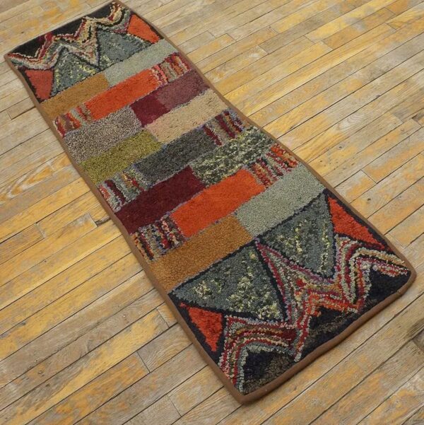 Excellent multi color ground with rectangular details in a geometric design vintage american hooked rug 2 Excellent multi color ground with rectangular details in a geometric design vintage american hooked rug - detail view 1