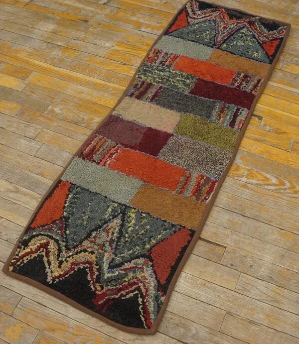 Excellent multi color ground with rectangular details in a geometric design vintage american hooked rug 3 Excellent multi color ground with rectangular details in a geometric design vintage american hooked rug - detail view 2