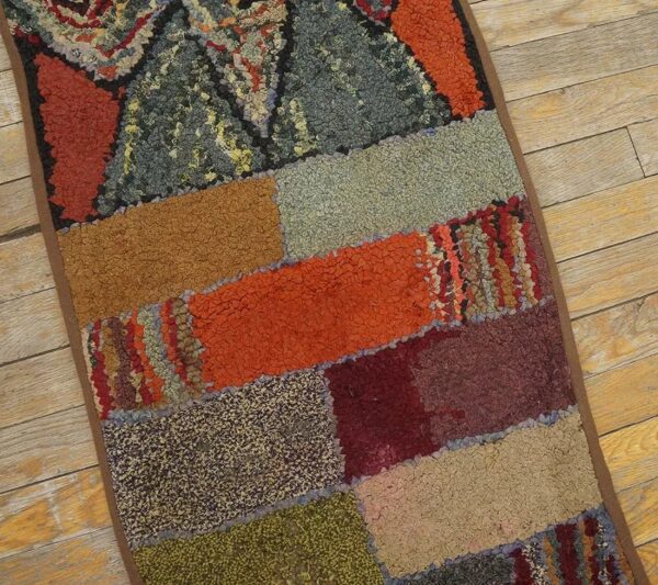 Excellent multi color ground with rectangular details in a geometric design vintage american hooked rug 7 Excellent multi color ground with rectangular details in a geometric design vintage american hooked rug - detail view 6