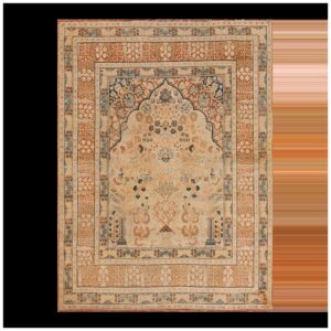 Extremely Fine Floral Vase Pattern Ivory Cream Field With Rustic Tones Late 19th Century Antique Persian Tabriz Islamic Prayer Rug