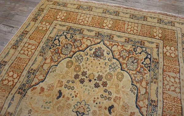 Extremely fine floral vase pattern ivory cream field with rustic tones late 19th century antique persian tabriz islamic prayer rug 4 Extremely fine floral vase pattern ivory cream field with rustic tones late 19th century antique persian tabriz islamic prayer rug - detail view 3