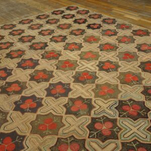 Fabulous Red Circles Forming a Diamond Pattern Antique American Hooked Rug - detail view 1
