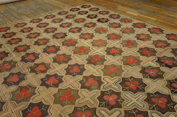 Fabulous red circles forming a diamond pattern antique american hooked rug 2 Fabulous red circles forming a diamond pattern antique american hooked rug - detail view 1