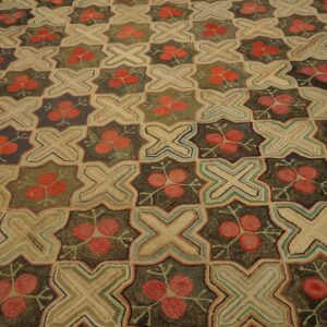 Fabulous Red Circles Forming a Diamond Pattern Antique American Hooked Rug - detail view 2