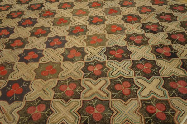 Fabulous red circles forming a diamond pattern antique american hooked rug 3 Fabulous red circles forming a diamond pattern antique american hooked rug - detail view 2