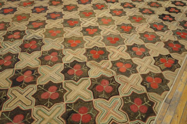 Fabulous red circles forming a diamond pattern antique american hooked rug 5 Fabulous red circles forming a diamond pattern antique american hooked rug - detail view 4