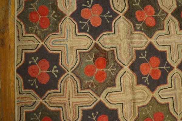 Fabulous red circles forming a diamond pattern antique american hooked rug 6 Fabulous red circles forming a diamond pattern antique american hooked rug - detail view 5