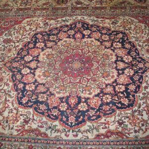 Fine Decorative Medallion Design on Red-Raspberry Background Color Antique Persian Kerman Laver Rug - detail view 3
