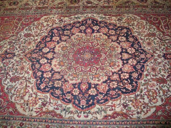 Fine decorative medallion design on red-raspberry background color antique persian kerman laver rug 4 Fine decorative medallion design on red-raspberry background color antique persian kerman laver rug - detail view 3