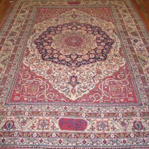 Fine Decorative Medallion Design on Red-Raspberry Background Color Antique Persian Kerman Laver Rug - detail view 4