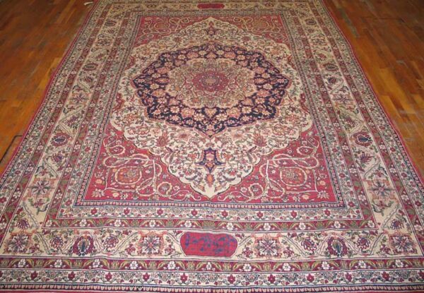 Fine decorative medallion design on red-raspberry background color antique persian kerman laver rug 5 Fine decorative medallion design on red-raspberry background color antique persian kerman laver rug - detail view 4