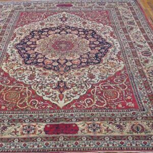 Fine Decorative Medallion Design on Red-Raspberry Background Color Antique Persian Kerman Laver Rug - detail view 5