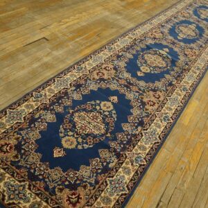 Genuine Traditional Blue Open Field Floral-Medallion Vintage Persian Isfahan Runner - detail view 2
