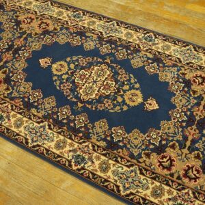 Genuine Traditional Blue Open Field Floral-Medallion Vintage Persian Isfahan Runner - detail view 7