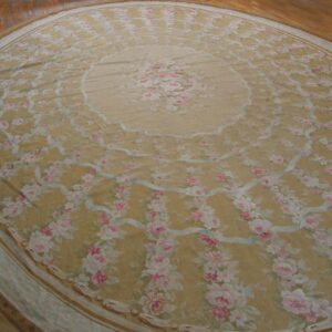 Great Tan Beige and Ivory Color With Florid Design Oval Antique Aubusson Rug - detail view 1