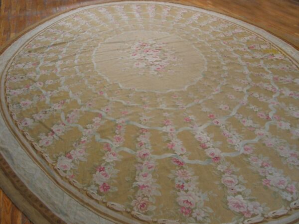 Great tan beige and ivory color with florid design oval antique aubusson rug 2 Great tan beige and ivory color with florid design oval antique aubusson rug - detail view 1