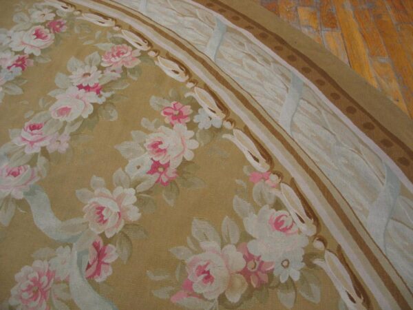 Great tan beige and ivory color with florid design oval antique aubusson rug 3 Great tan beige and ivory color with florid design oval antique aubusson rug - detail view 2