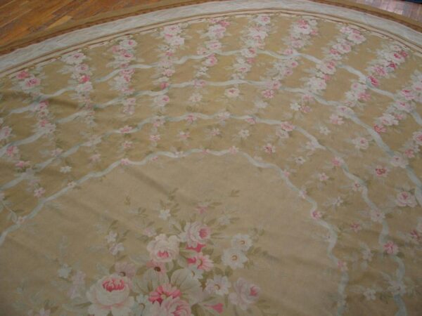 Great tan beige and ivory color with florid design oval antique aubusson rug 4 Great tan beige and ivory color with florid design oval antique aubusson rug - detail view 3
