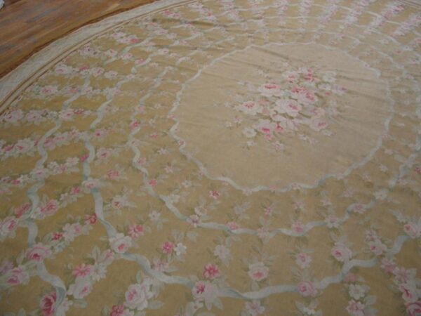Great tan beige and ivory color with florid design oval antique aubusson rug 5 Great tan beige and ivory color with florid design oval antique aubusson rug - detail view 4
