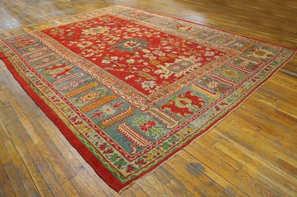 Impressive red color large pattern antique room size turkish oushak rug 2 Impressive red color large pattern antique room size turkish oushak rug - detail view 1