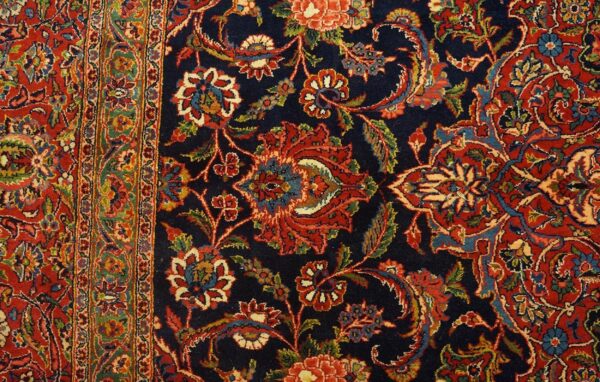 Inspiring navy blue and red color with central medallion design antique kashan rug 3 Inspiring navy blue and red color with central medallion design antique kashan rug - detail view 2