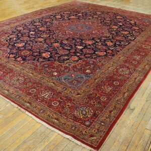 Inspiring Navy Blue and Red Color With Central Medallion Design Antique Kashan Rug - detail view 3