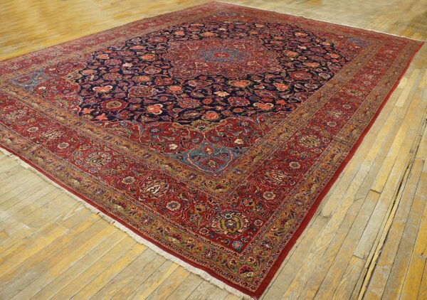 Inspiring navy blue and red color with central medallion design antique kashan rug 4 Inspiring navy blue and red color with central medallion design antique kashan rug - detail view 3