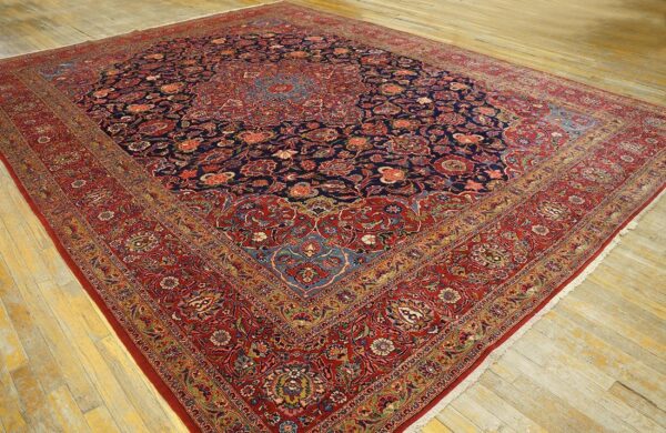 Inspiring navy blue and red color with central medallion design antique kashan rug 5 Inspiring navy blue and red color with central medallion design antique kashan rug - detail view 4