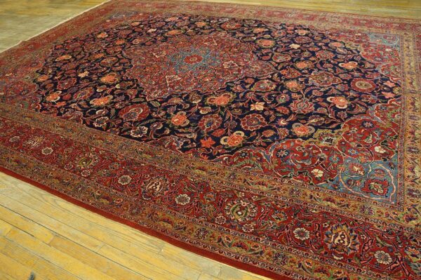 Inspiring navy blue and red color with central medallion design antique kashan rug 8 Inspiring navy blue and red color with central medallion design antique kashan rug - detail view 7