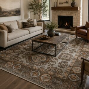 Ivory and beige Kazak hand-knotted wool area rug styled in a living room with fireplace