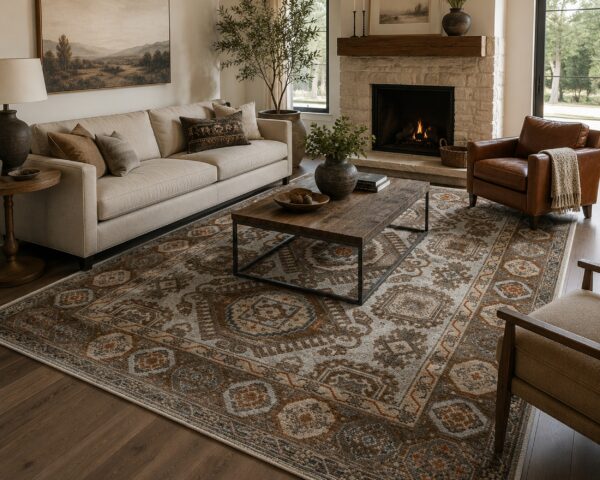 Sloane kazak ivory hand knotted wool rug 6 Ivory and beige kazak hand-knotted wool area rug styled in a living room with fireplace