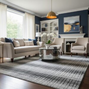 Gray contemporary geometric loom-check wool and viscose area rug styled in a living room
