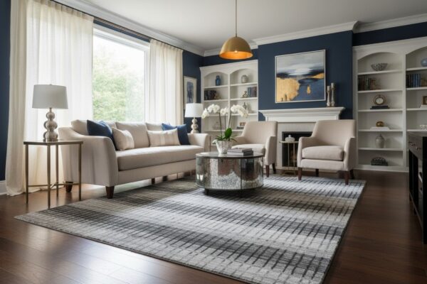 Comfortable modern gray hand knotted wool & viscose rug 6 Gray contemporary geometric loom-check wool and viscose area rug styled in a living room