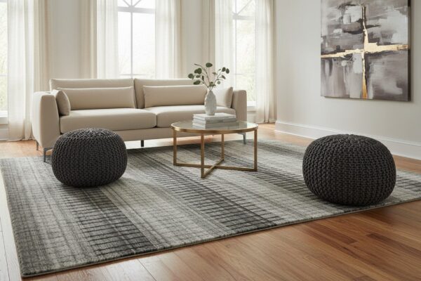 Comfortable modern gray hand knotted wool & viscose rug 7 Gray contemporary geometric loom-check wool and viscose area rug styled in a living room