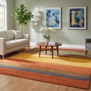 Multicolor striped Gabbeh handmade wool area rug styled in a living room